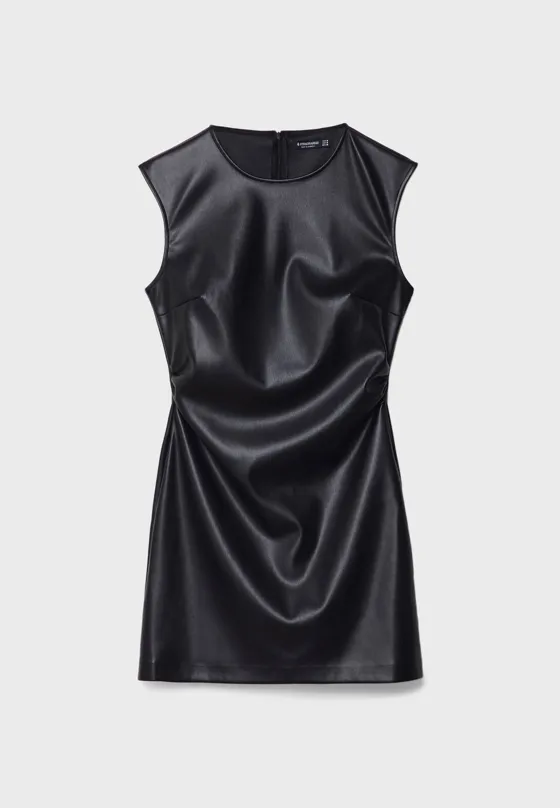 Short leather effect dress with cap sleeves